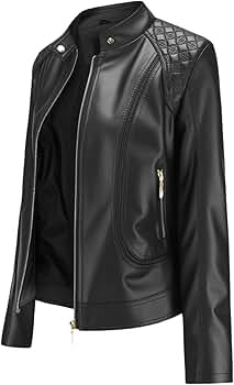 Ameri　2WAY FAKE LEATHER SHORT JACKET Amazon.com: Women's Trendy Faux Leather Jacket Moto Short